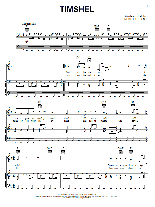 Mumford & Sons Timshel Sheet Music