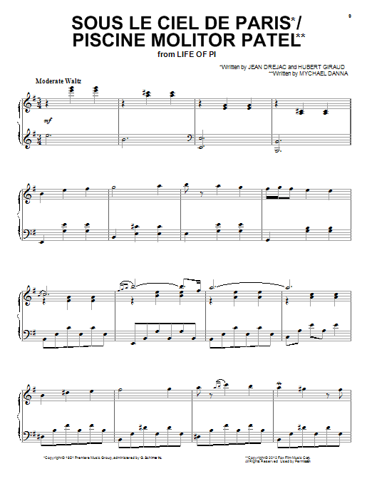 Mychael Danna Sous Le Ciel De Paris/Piscine Molitor Patel (from Life of Pi) Sheet Music