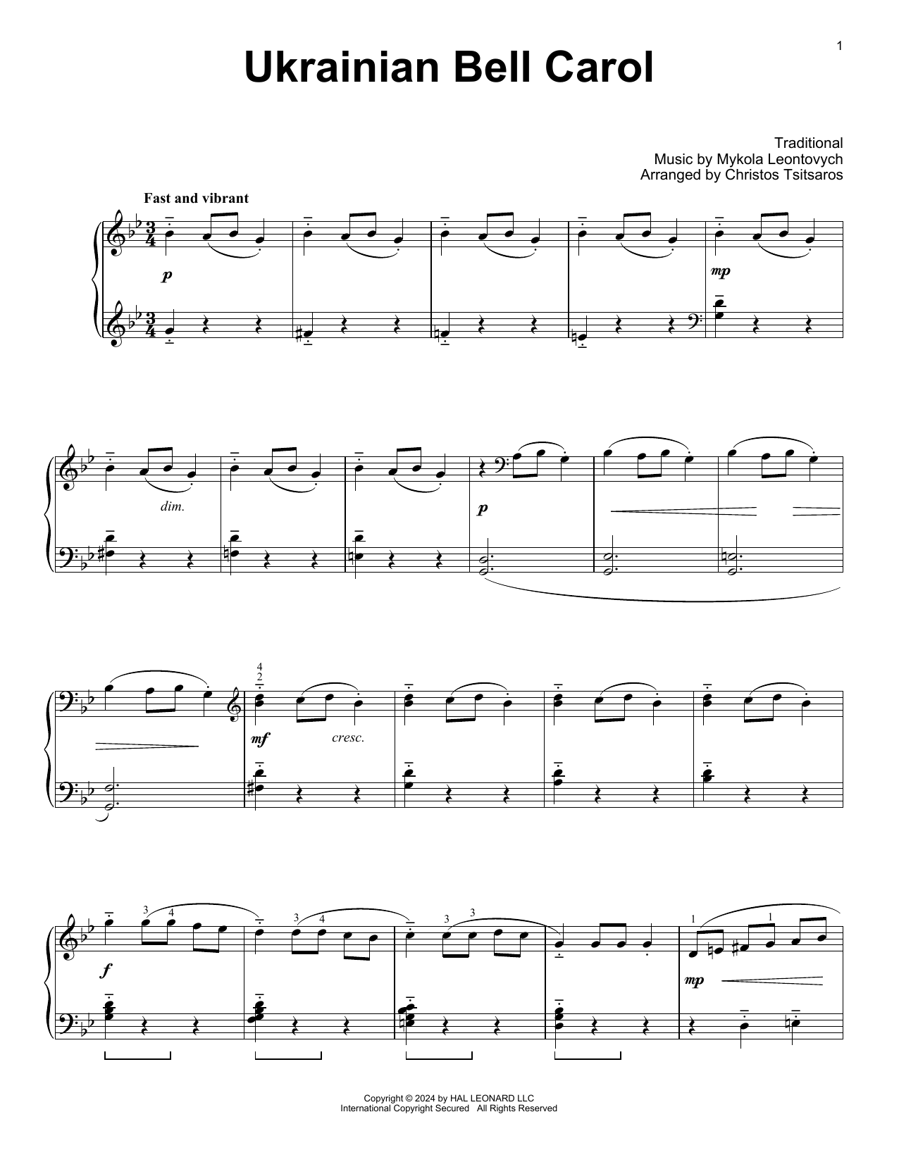 Mykola Leontovych Ukrainian Bell Carol (arr. Christos Tsitsaros) Sheet Music