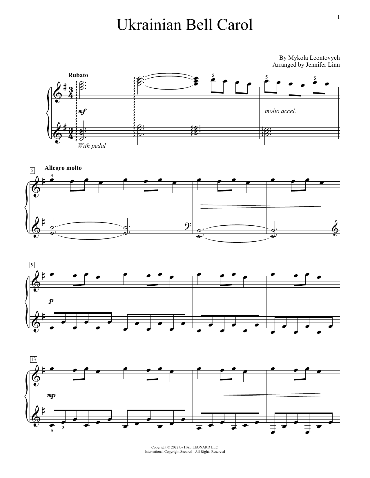 Mykola Leontovych Ukrainian Bell Carol (arr. Jennifer Linn) Sheet Music