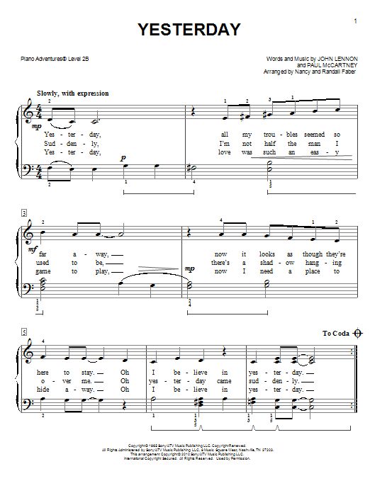 Nancy and Randall Faber Yesterday Sheet Music