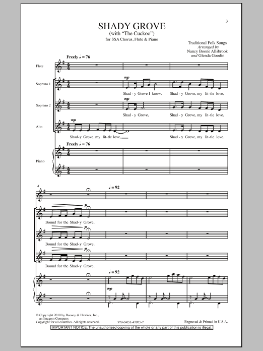 Nancy Boone Allsbrook Shady Grove (with The Cuckoo) Sheet Music