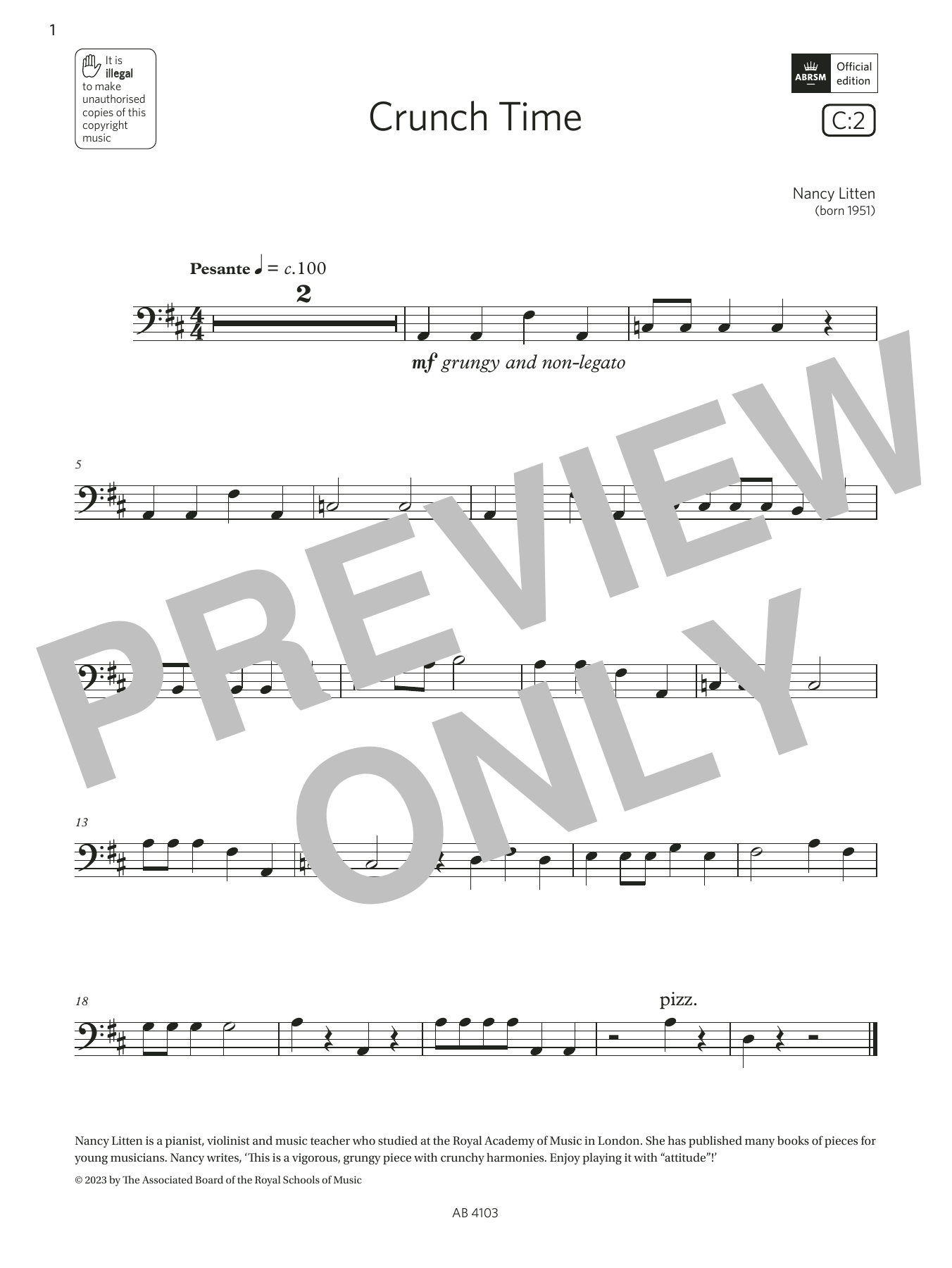 Nancy Litten Crunch Time (Grade Initial, C2, from the ABRSM Cello Syllabus from 2024) Sheet Music
