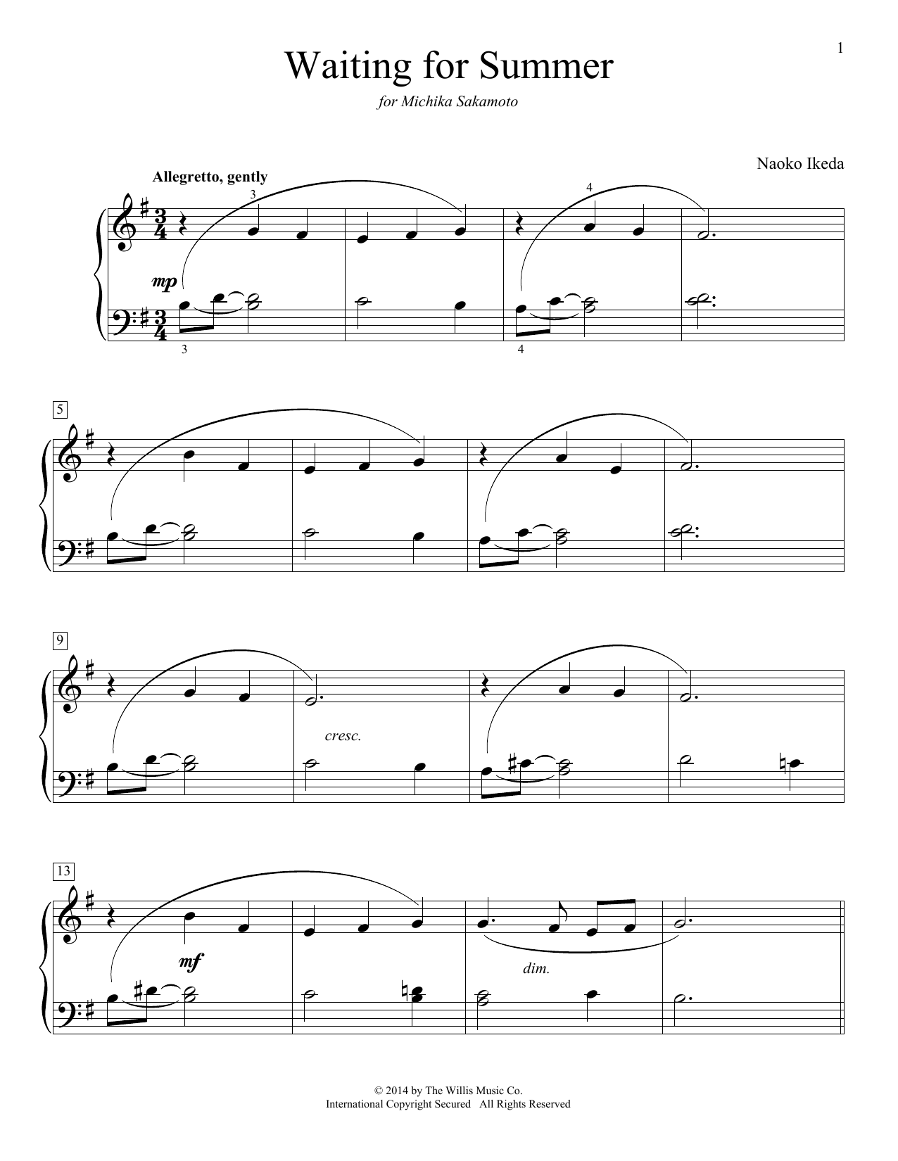 Naoko Ikeda Waiting For Summer Sheet Music