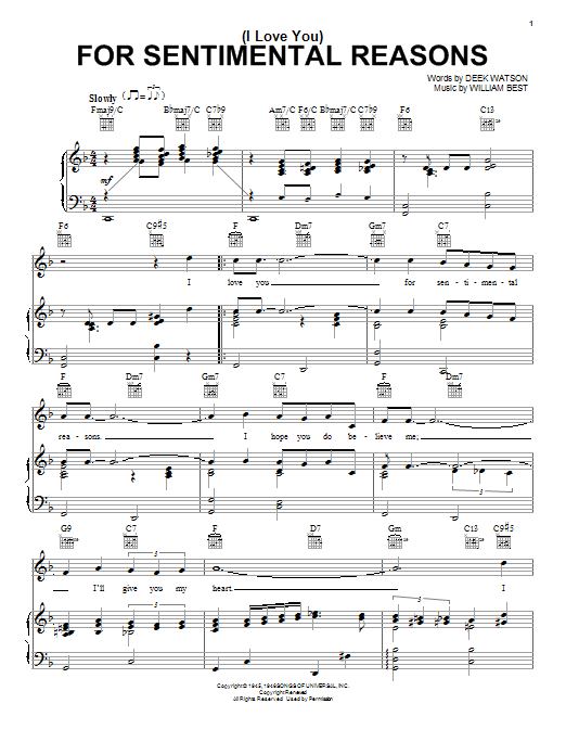 Nat King Cole (I Love You) For Sentimental Reasons Sheet Music