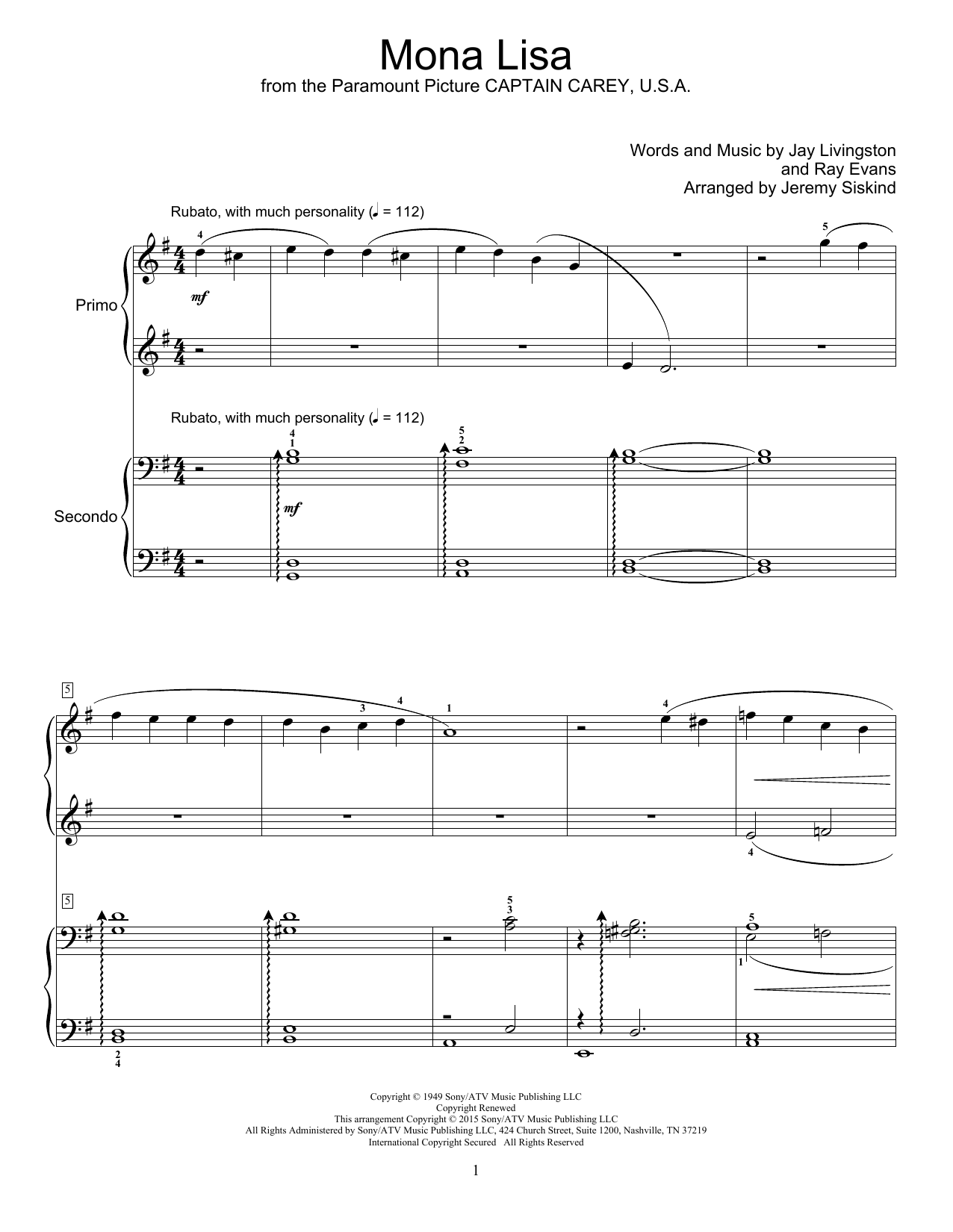 Nat King Cole Mona Lisa Sheet Music