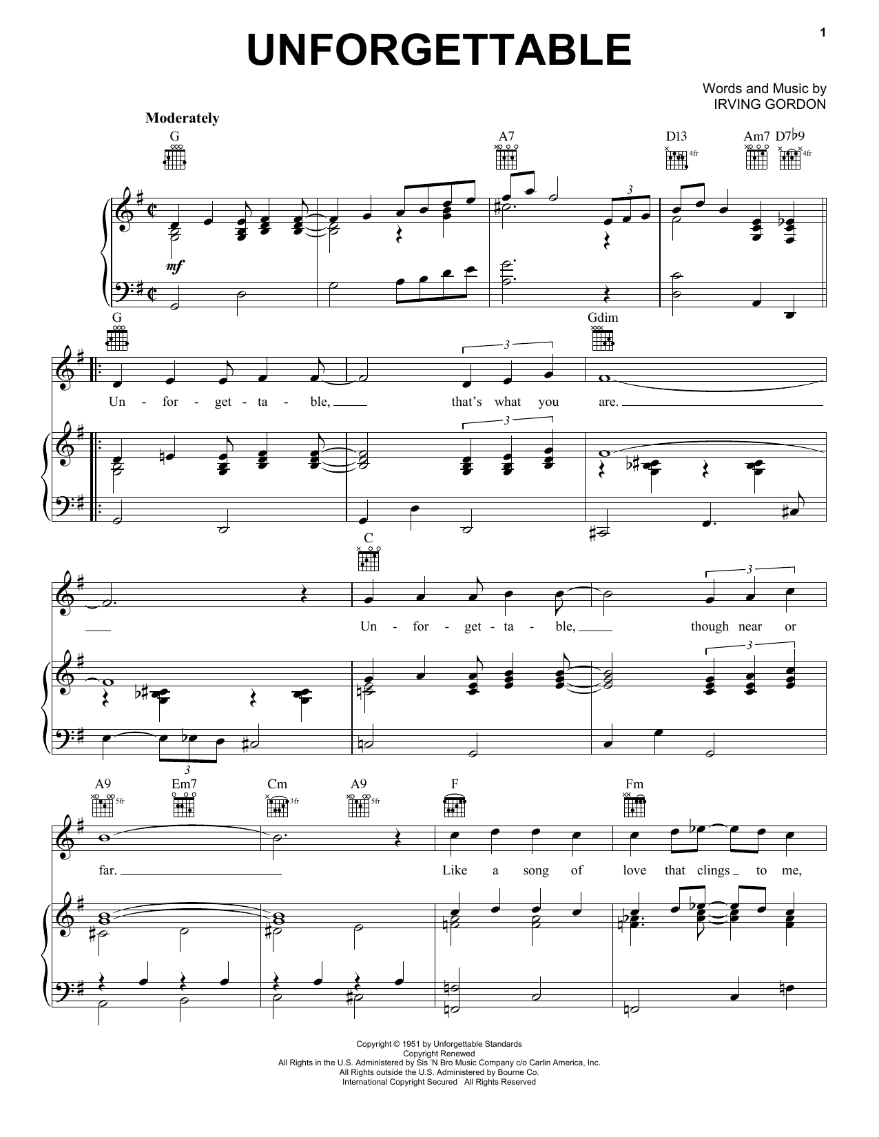 Nat King Cole Unforgettable Sheet Music