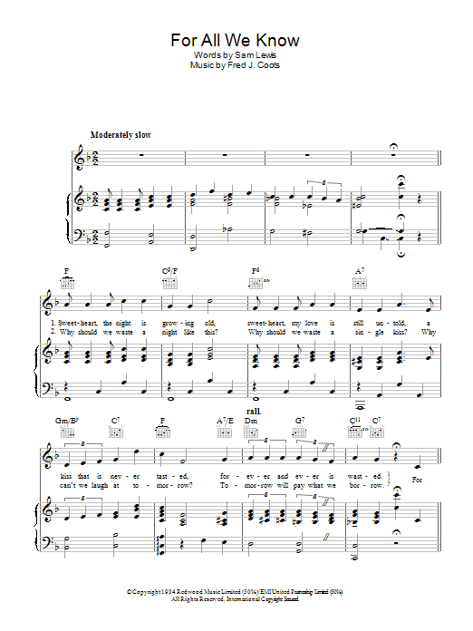 Nat King Cole For All We Know Sheet Music