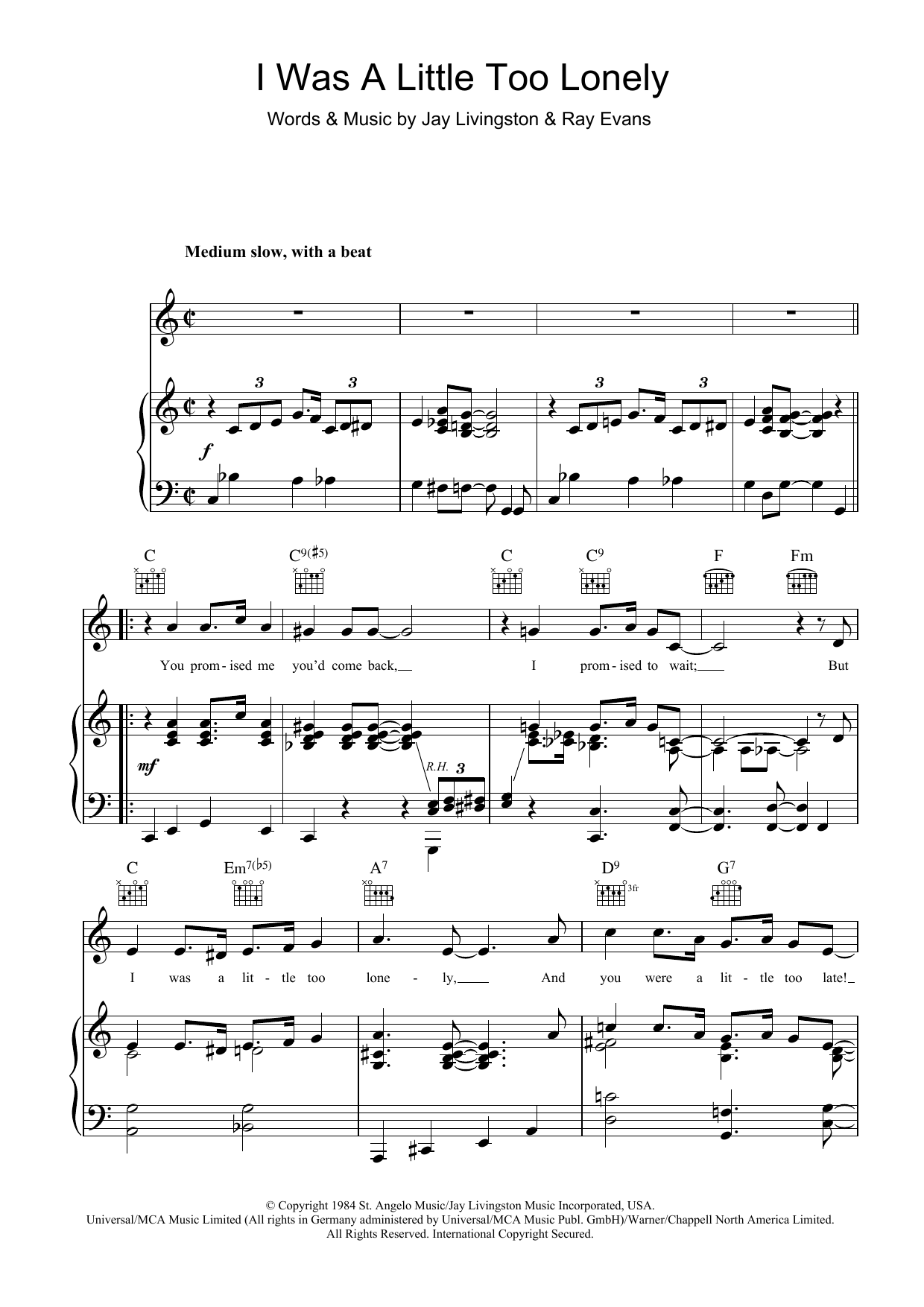 Nat King Cole I Was A Little Too Lonely Sheet Music