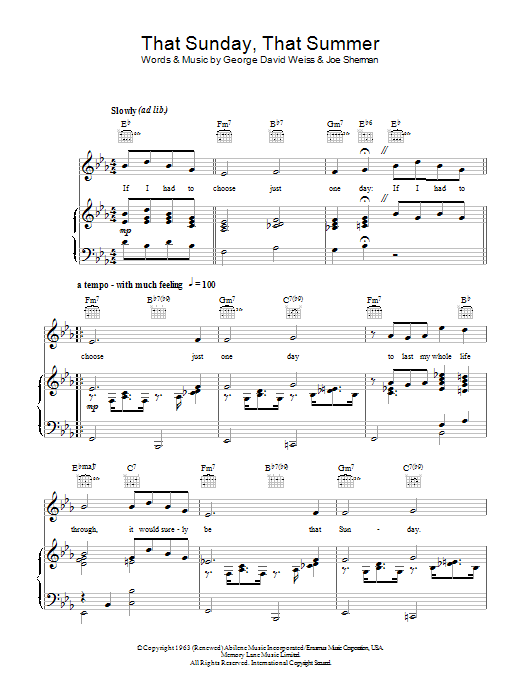 Nat King Cole That Sunday That Summer Sheet Music