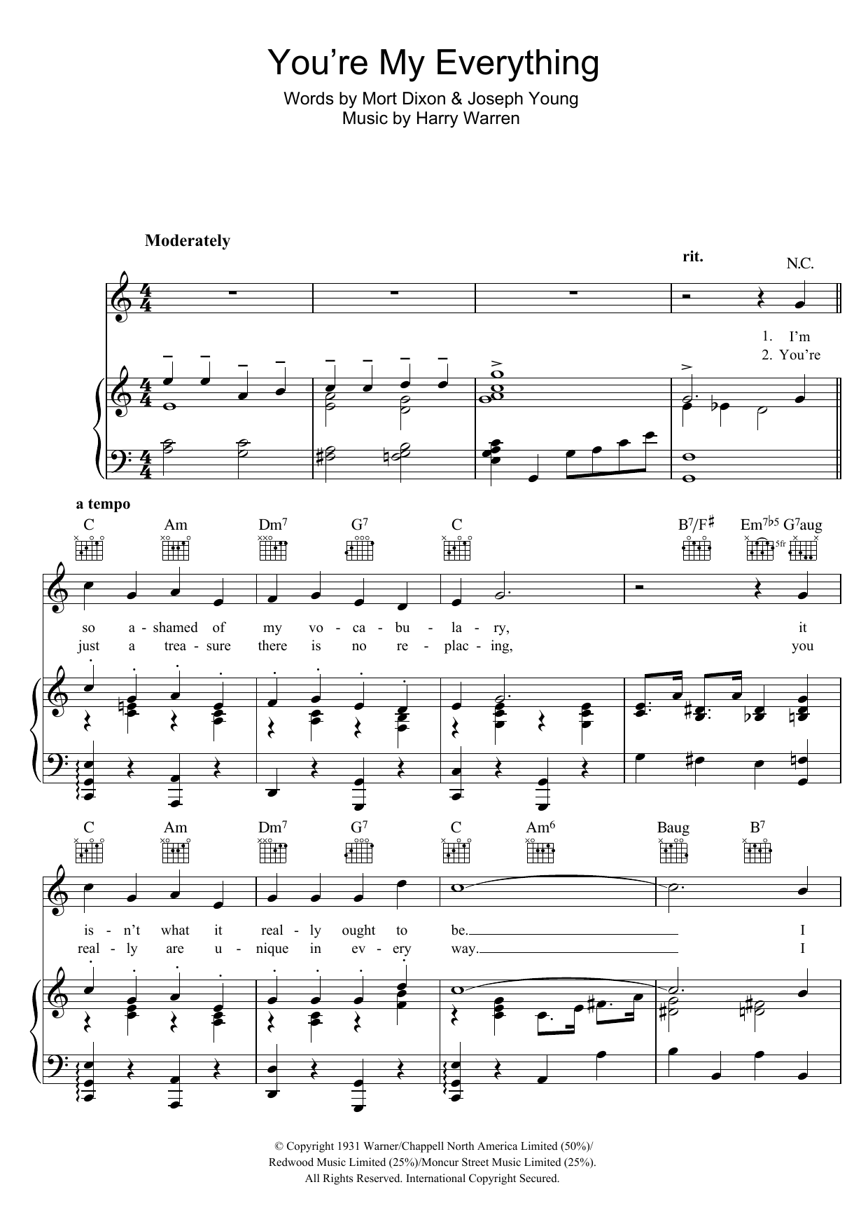 Nat King Cole You're My Everything Sheet Music