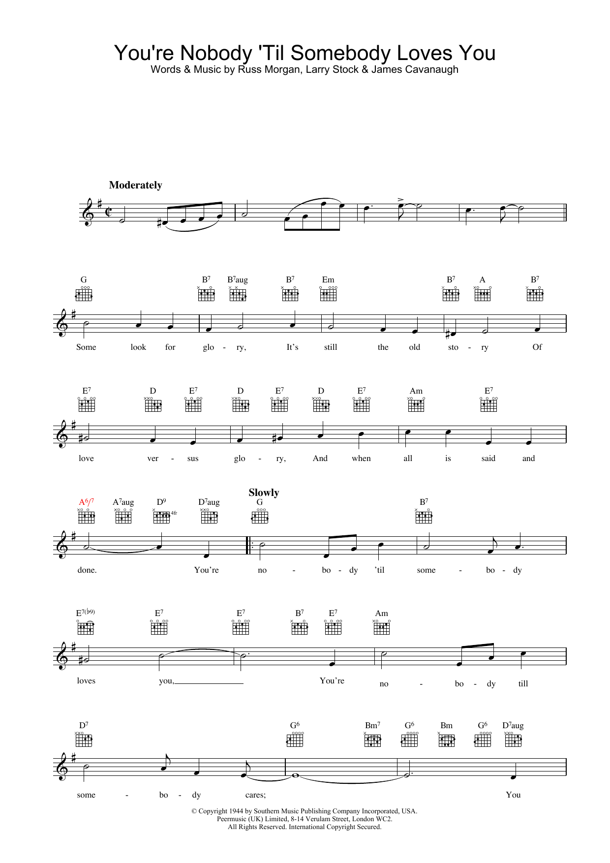 Nat King Cole You're Nobody Till Somebody Loves You Sheet Music