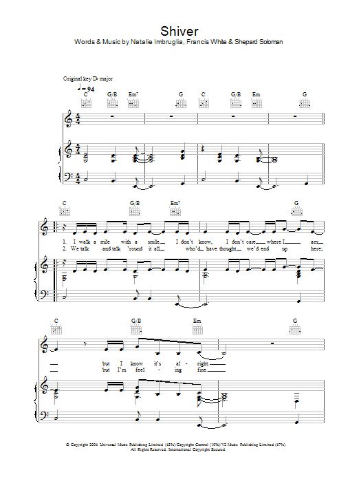Natalie Imbruglia Shiver Sheet Music