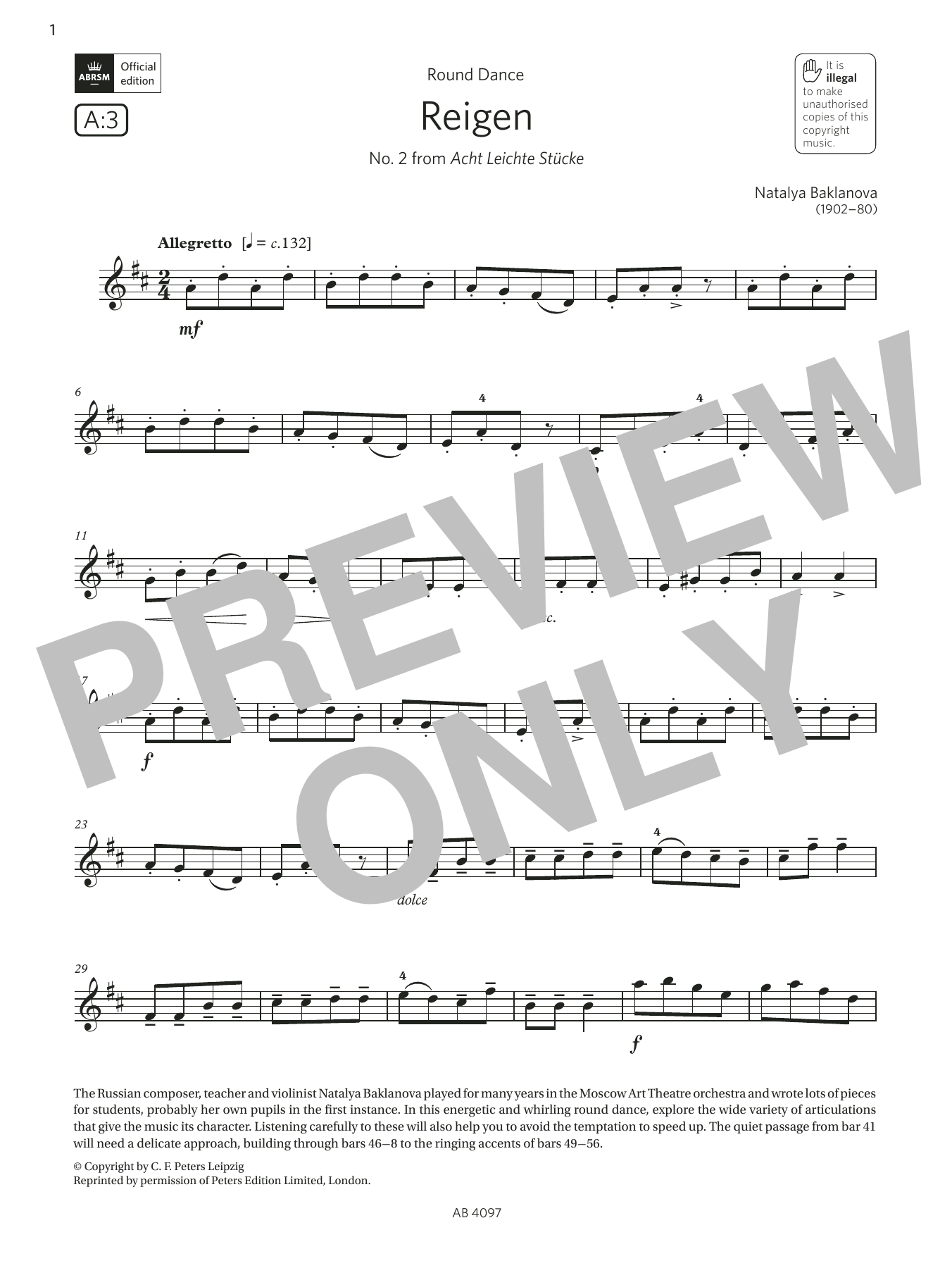 Natalya Baklanova Reigen (Grade 3, A3, from the ABRSM Violin Syllabus from 2024) Sheet Music
