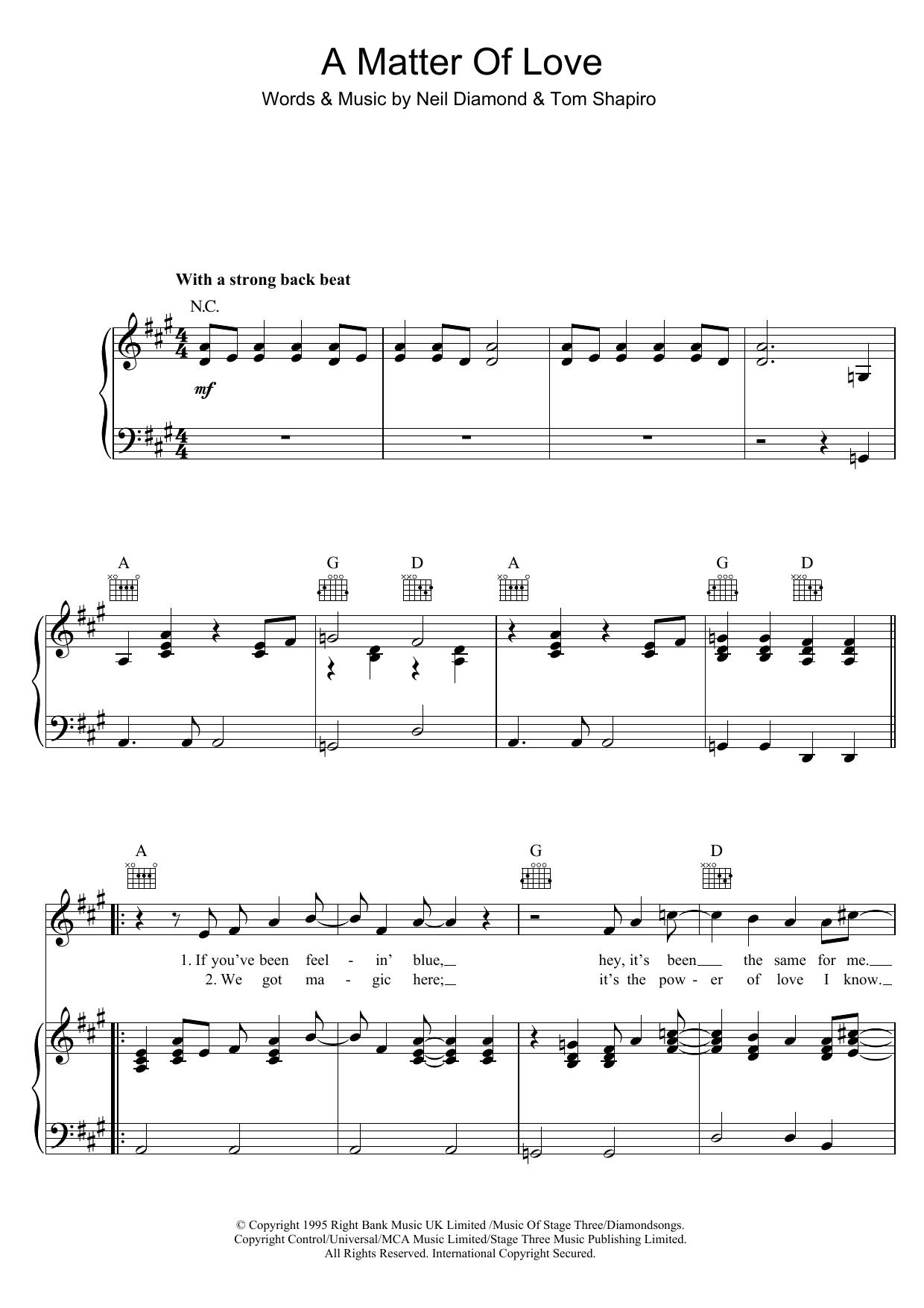 Neil Diamond A Matter Of Love Sheet Music