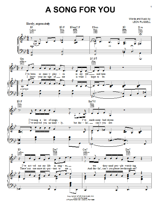 Neil Diamond A Song For You Sheet Music