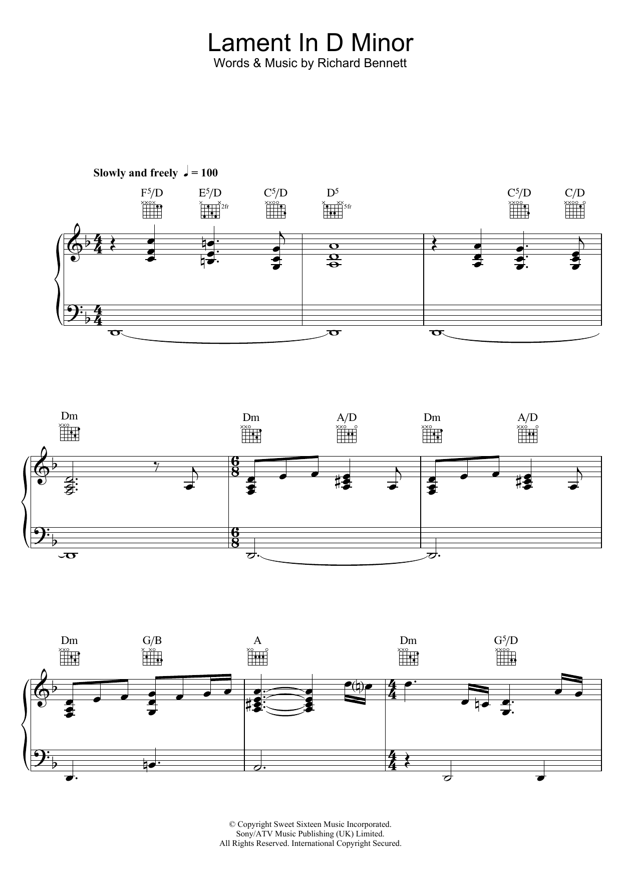 Neil Diamond Lament In D Minor Sheet Music