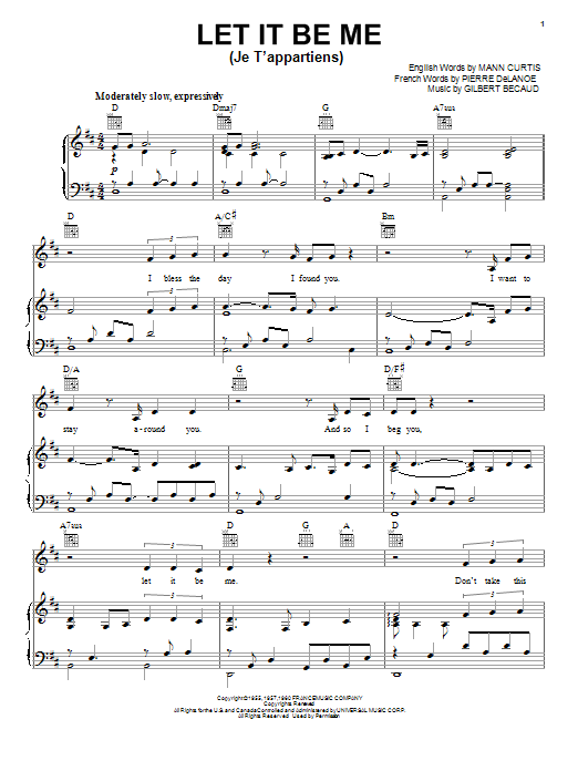Neil Diamond Let It Be Me (Je T'appartiens) Sheet Music