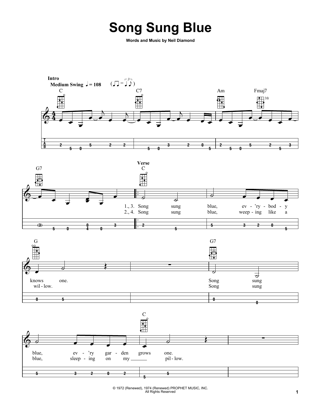 Neil Diamond Song Sung Blue (arr. Bobby Westfall) Sheet Music