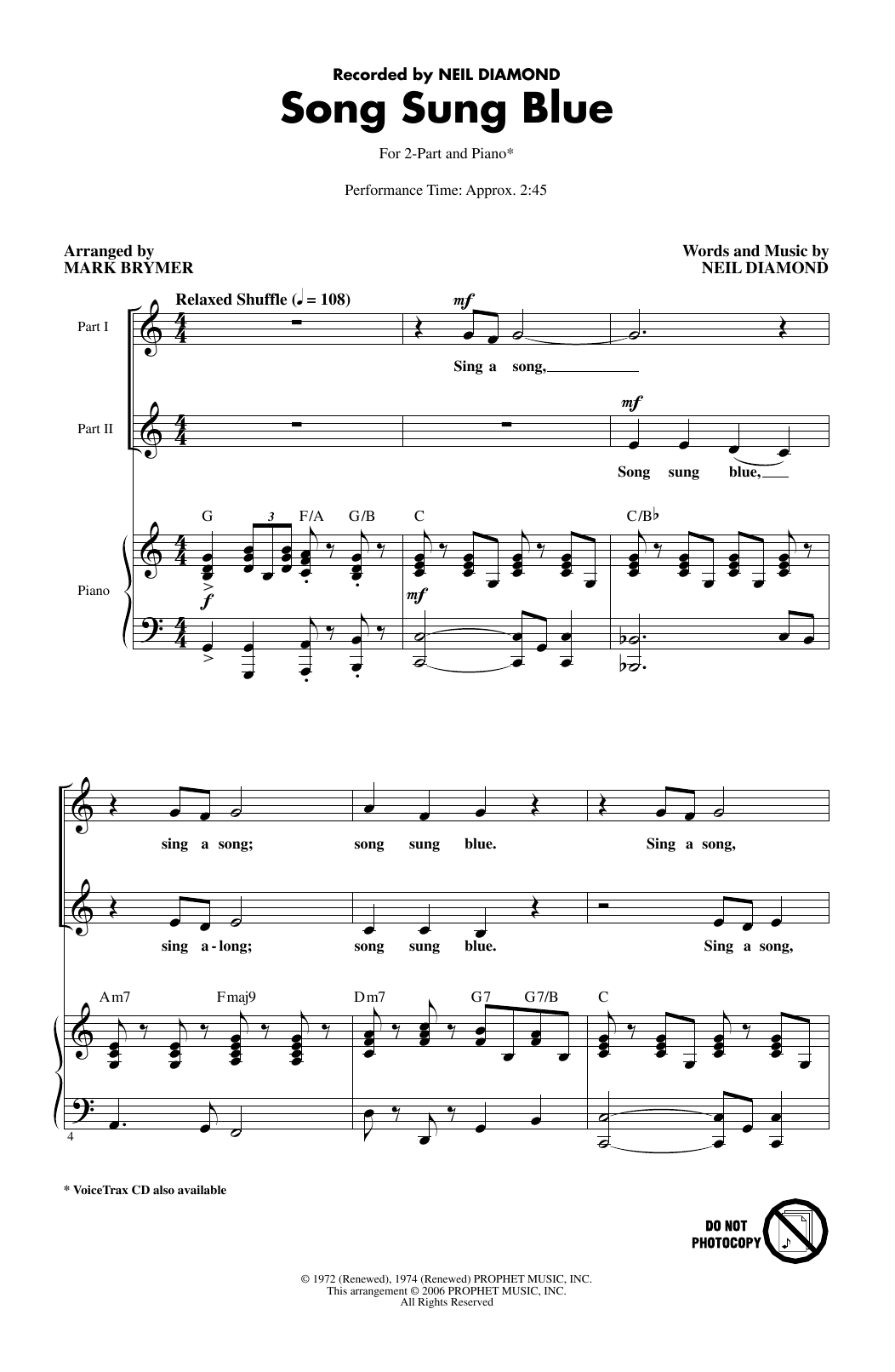 Neil Diamond Song Sung Blue (arr. Mark Brymer) Sheet Music