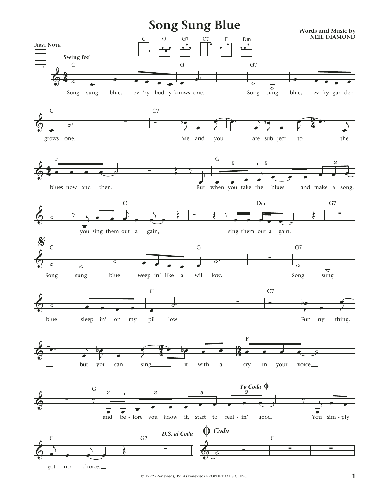 Neil Diamond Song Sung Blue (from The Daily Ukulele) (arr. Liz and Jim Beloff) Sheet Music