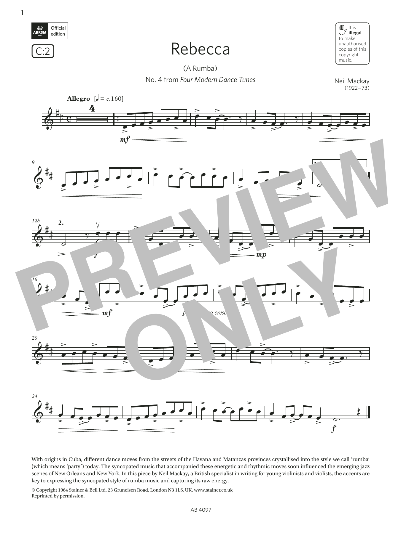 Neil Mackay Rebecca (A Rumba) (Grade 3, C2, from the ABRSM Violin Syllabus from 2024) Sheet Music