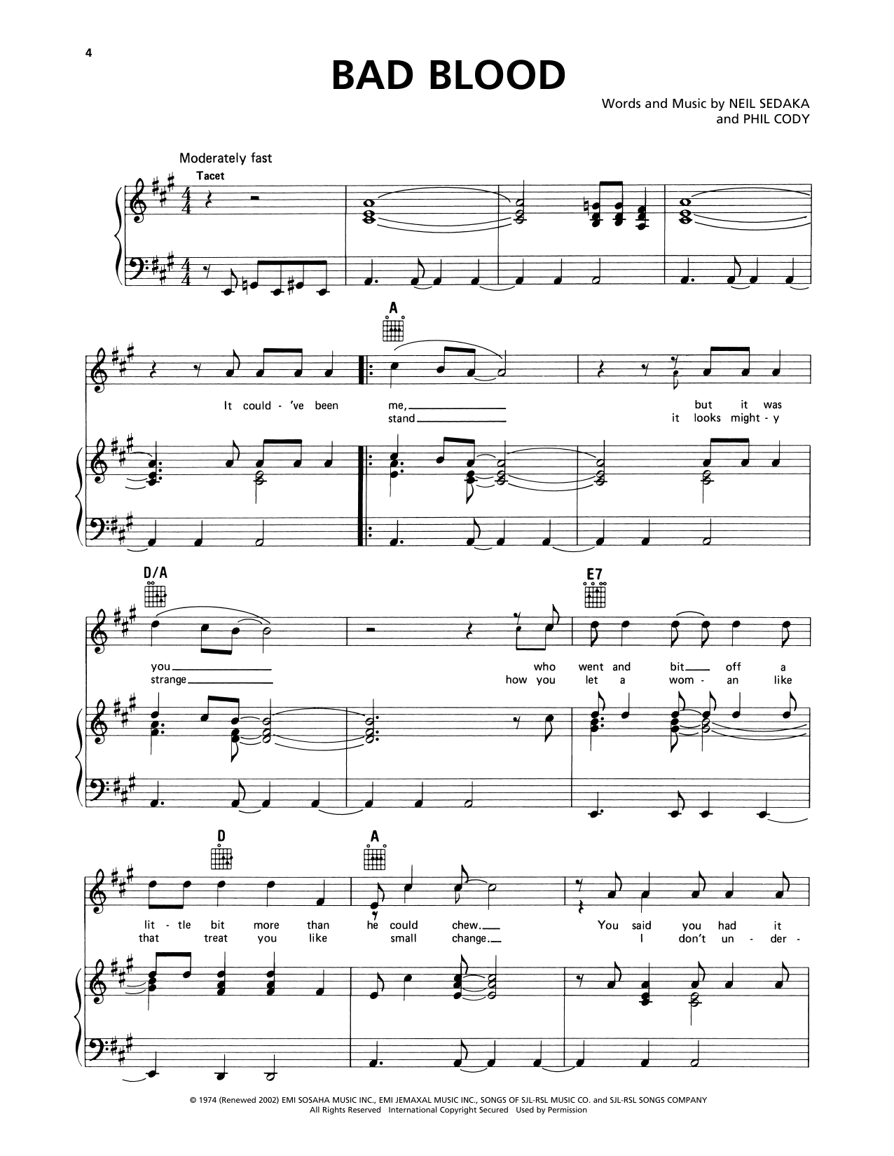 Neil Sedaka Bad Blood Sheet Music