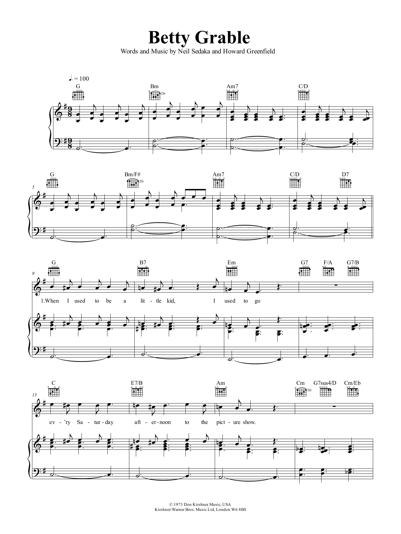 Neil Sedaka Betty Grable Sheet Music