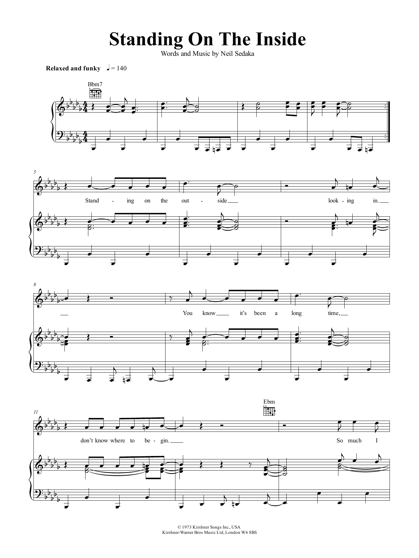 Neil Sedaka Standing On The Inside Sheet Music