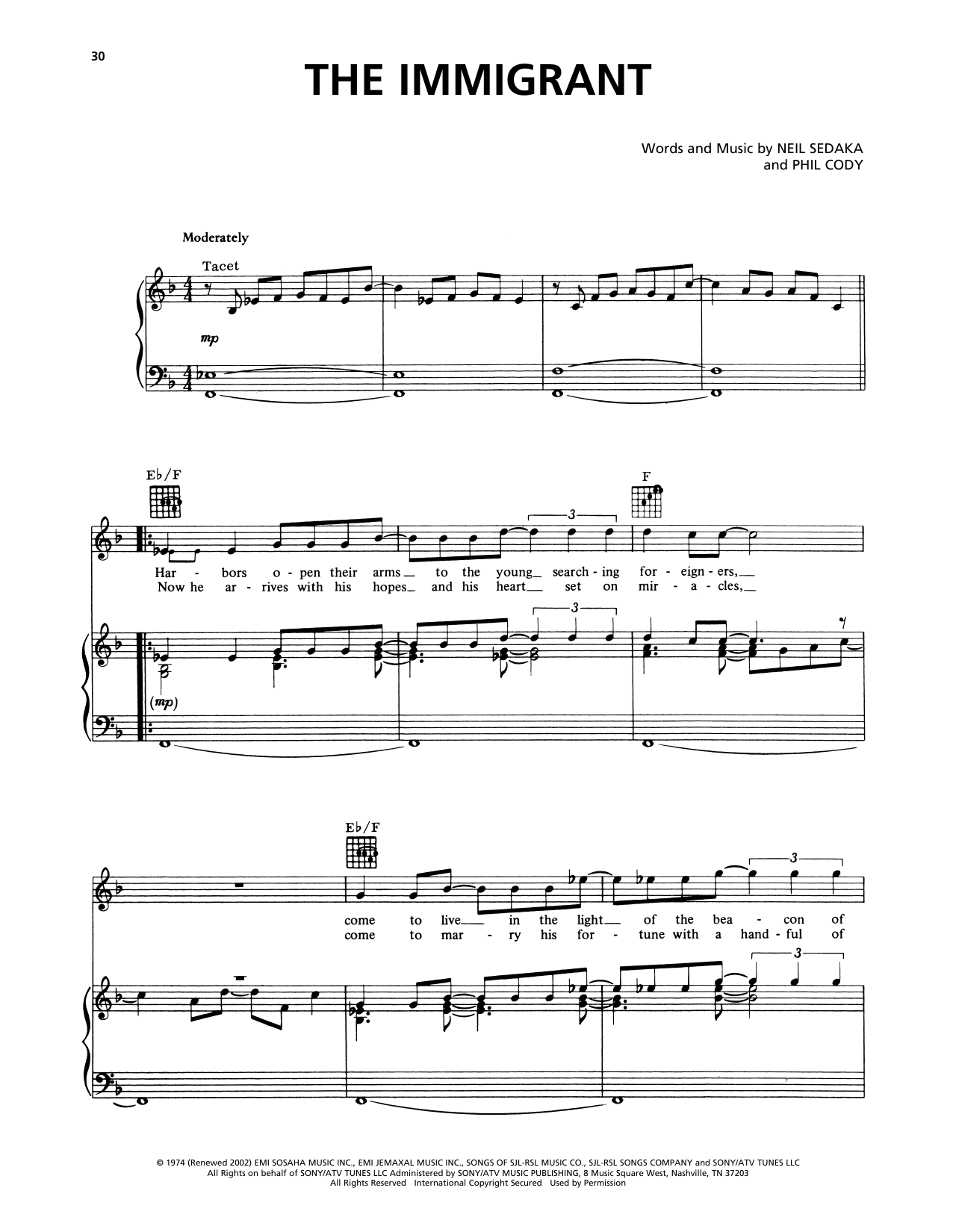 Neil Sedaka The Immigrant Sheet Music