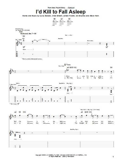 New Found Glory I'd Kill To Fall Asleep Sheet Music