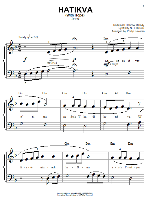 N.H. Imber Hatikvah (With Hope) (arr. Phillip Keveren) Sheet Music