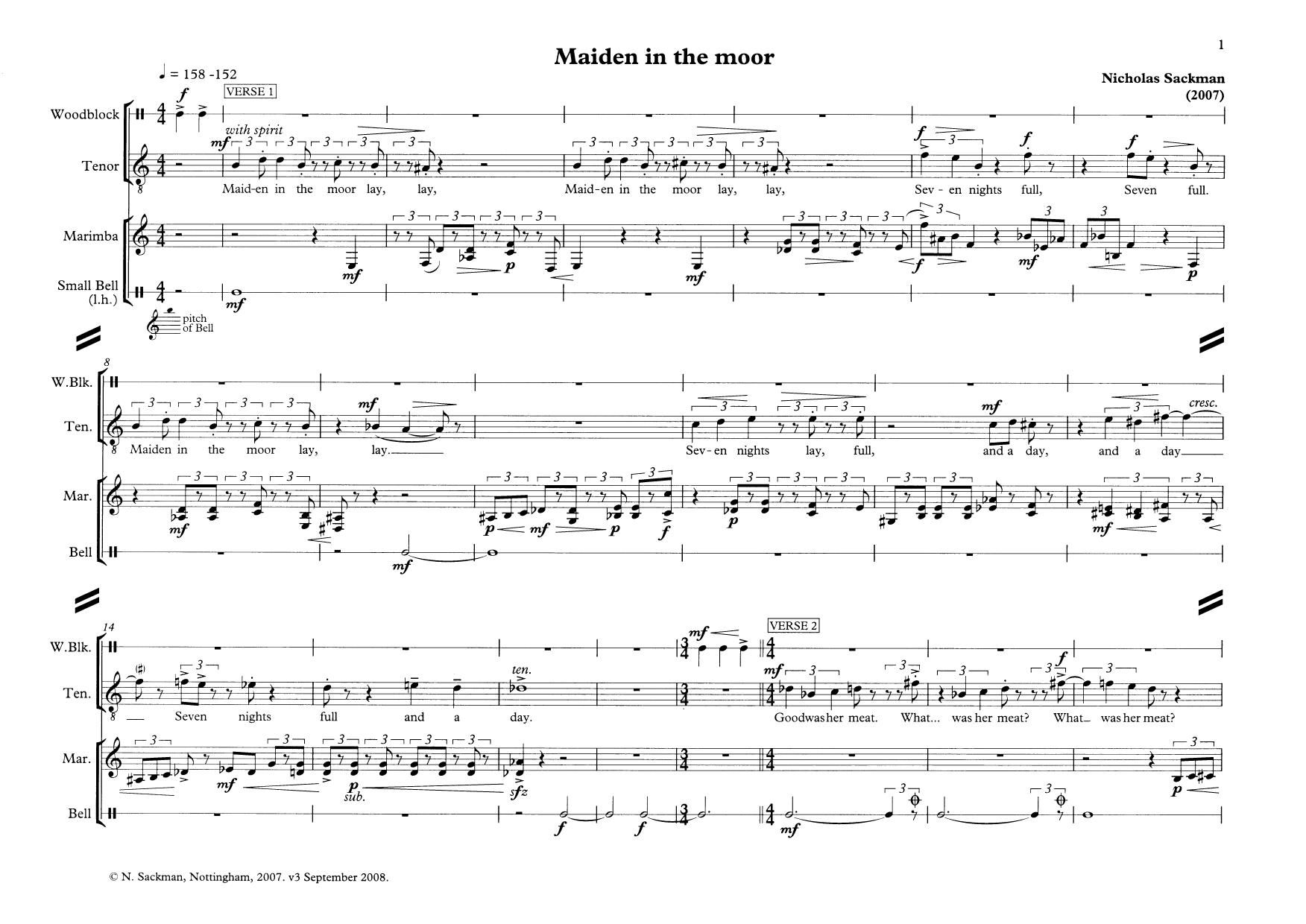 Nicholas Sackman Maiden in the moor (for tenor and percussion) Sheet Music