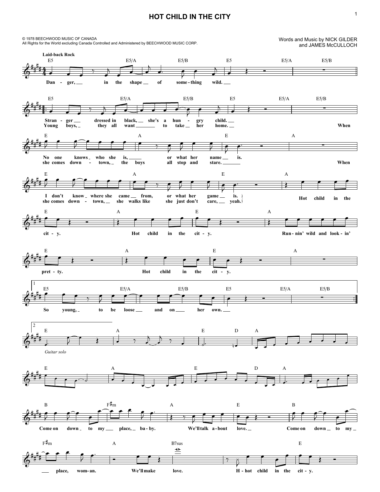 Nick Gilder Hot Child In The City Sheet Music