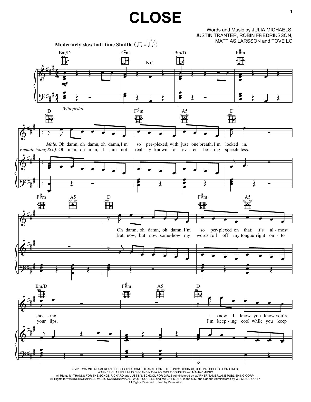 Nick Jonas feat. Tove Lo Close Sheet Music