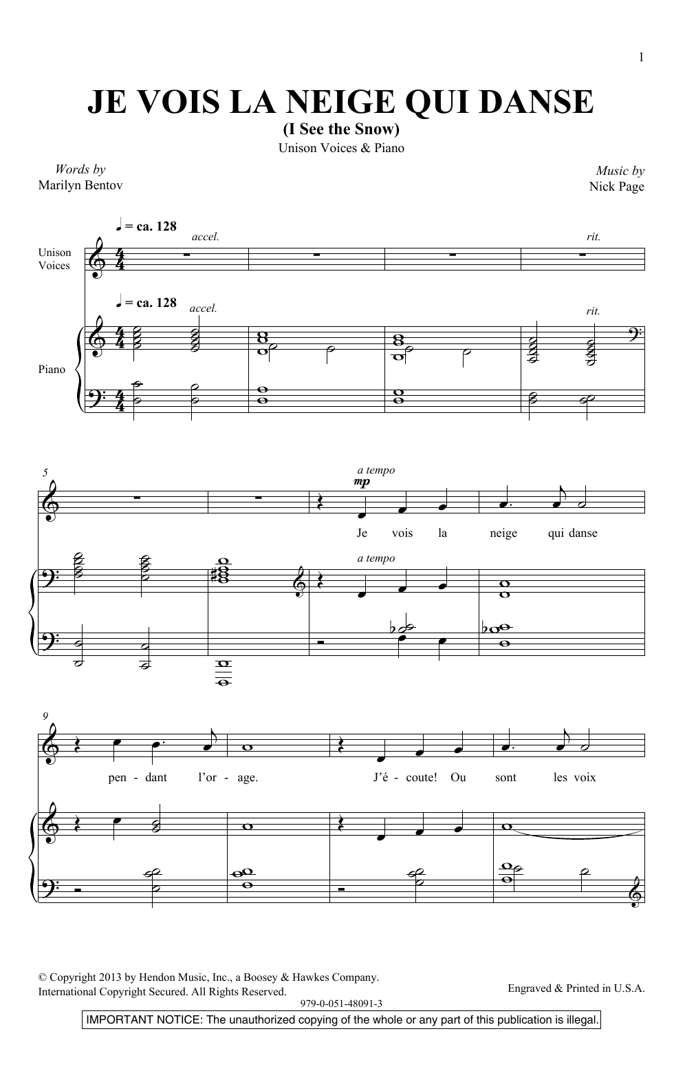 Nick Page Je Vois La Neige Qui Danse Sheet Music