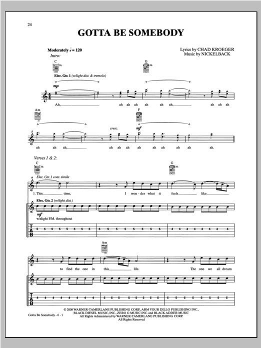 Nickelback Gotta Be Somebody Sheet Music