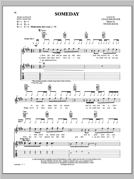 Nickelback Someday Sheet Music