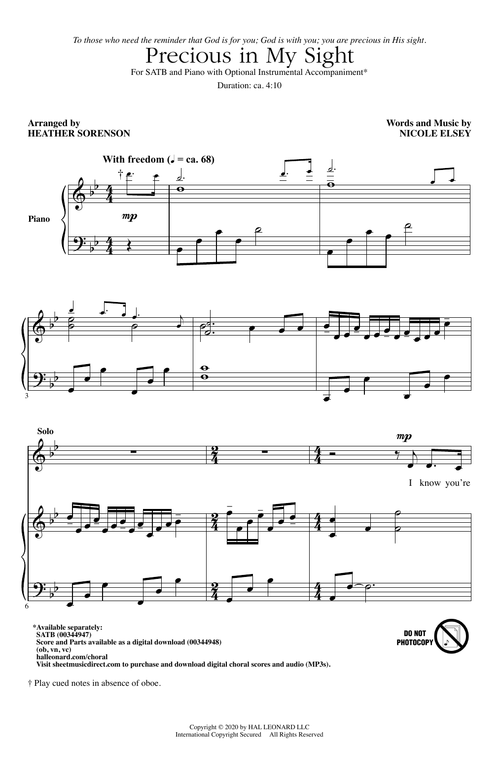 Nicole Elsey Precious In My Sight (arr. Heather Sorenson) Sheet Music