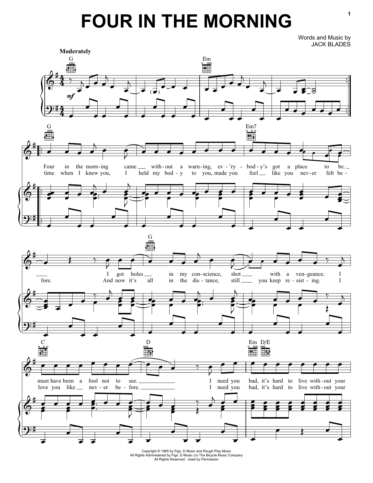Night Ranger Four In The Morning Sheet Music