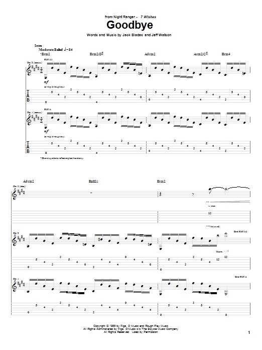 Night Ranger Goodbye Sheet Music