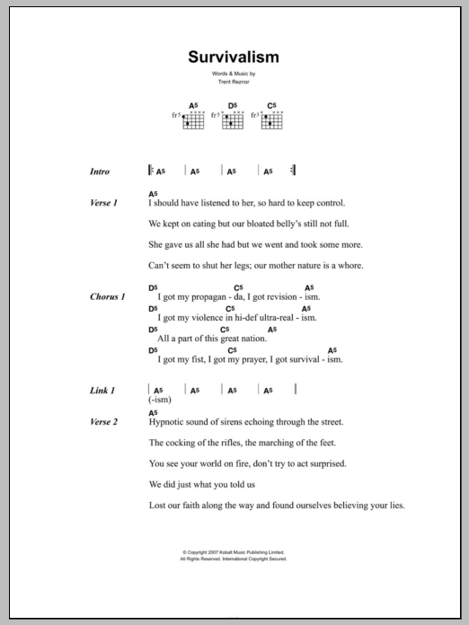 Nine Inch Nails Survivalism Sheet Music
