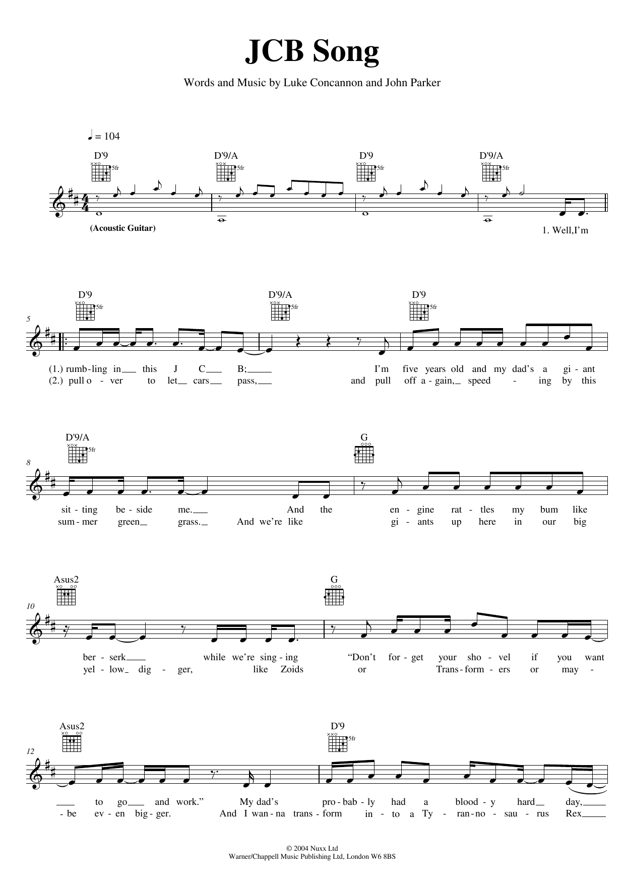 Nizlopi The JCB Song Sheet Music