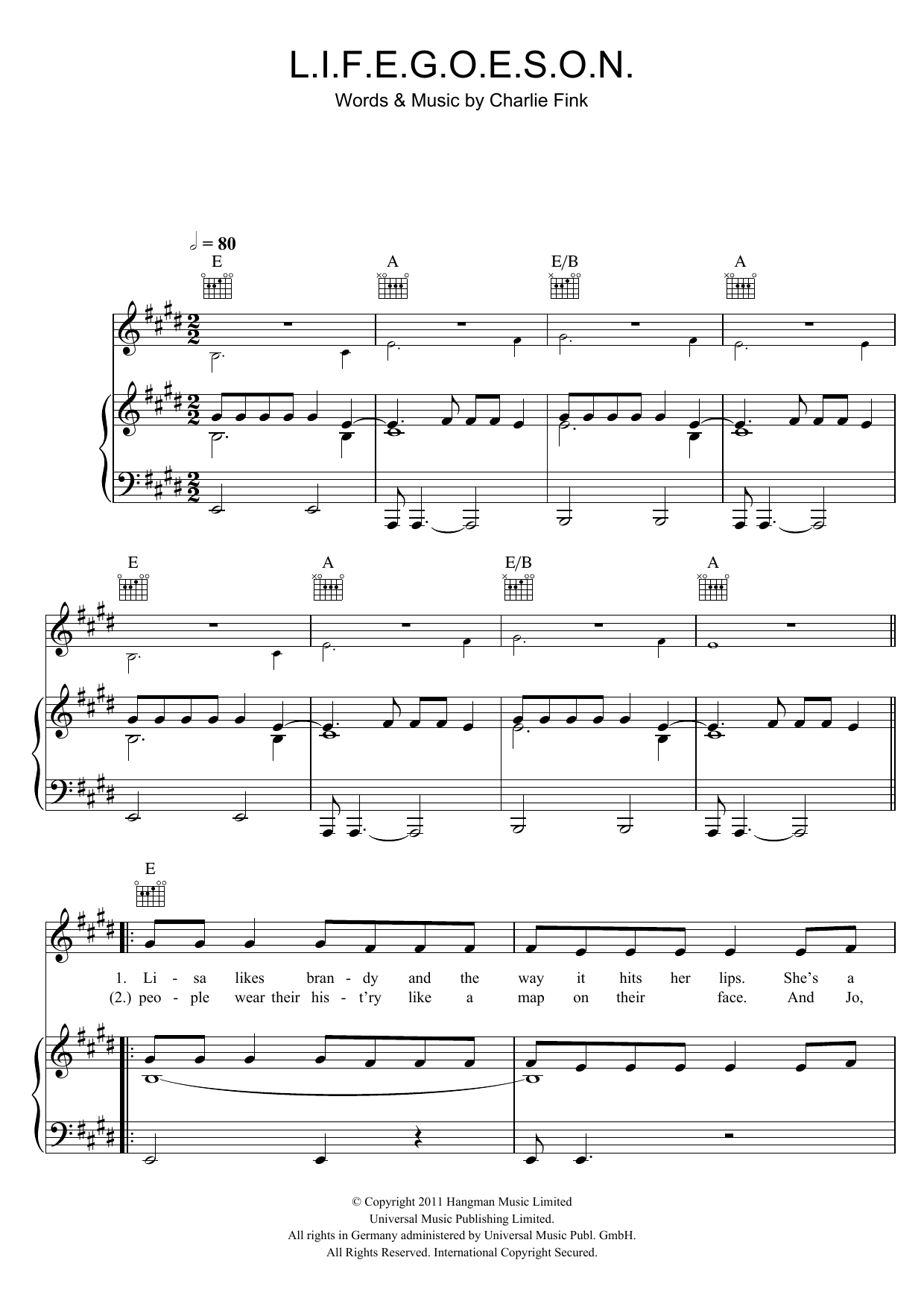 Noah And The Whale L.I.F.E.G.O.E.S.O.N. Sheet Music