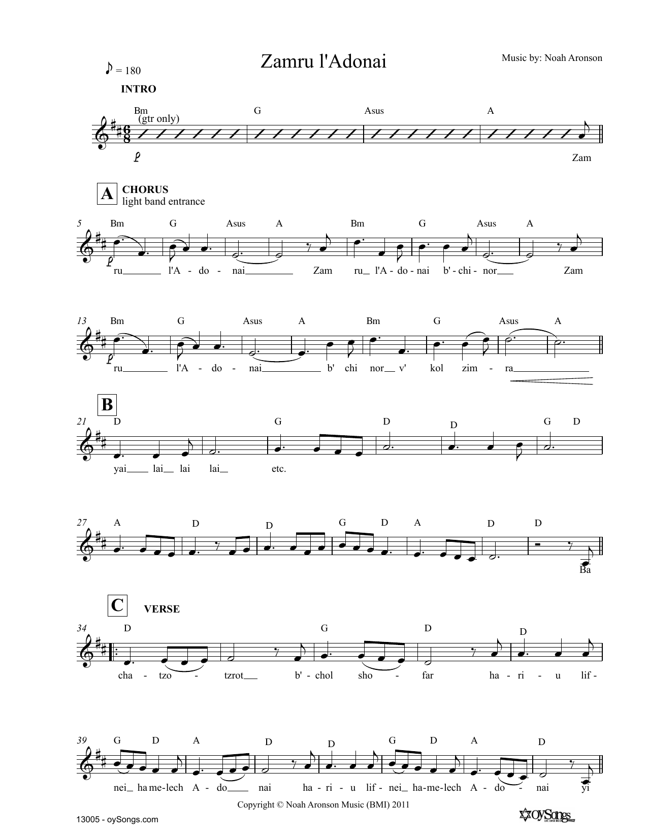 Noah Aronson Zamru l'Adonai Sheet Music