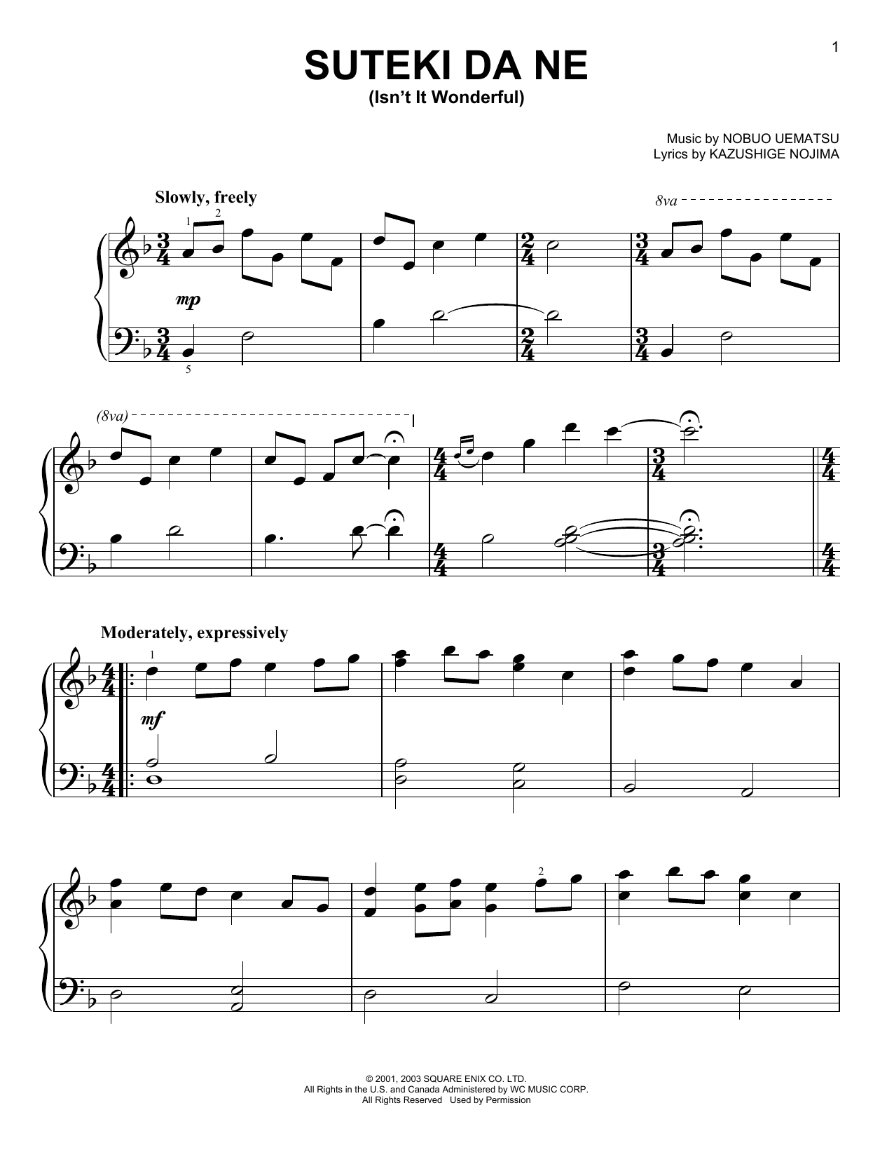 Nobuo Uematsu Suteki Da Ne (Isn't It Wonderful) (from Final Fantasy X) Sheet Music