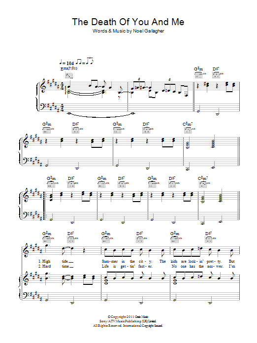 Noel Gallagher's High Flying Birds The Death Of You And Me Sheet Music