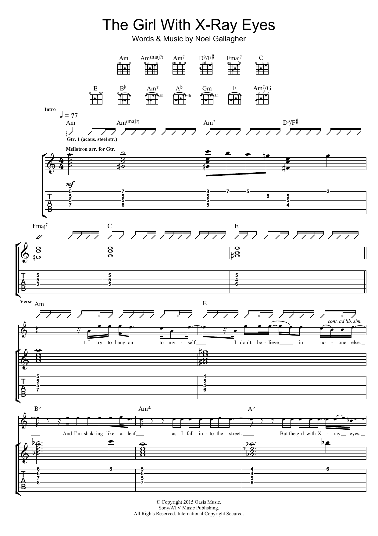 Noel Gallagher's High Flying Birds The Girl With X-Ray Eyes Sheet Music