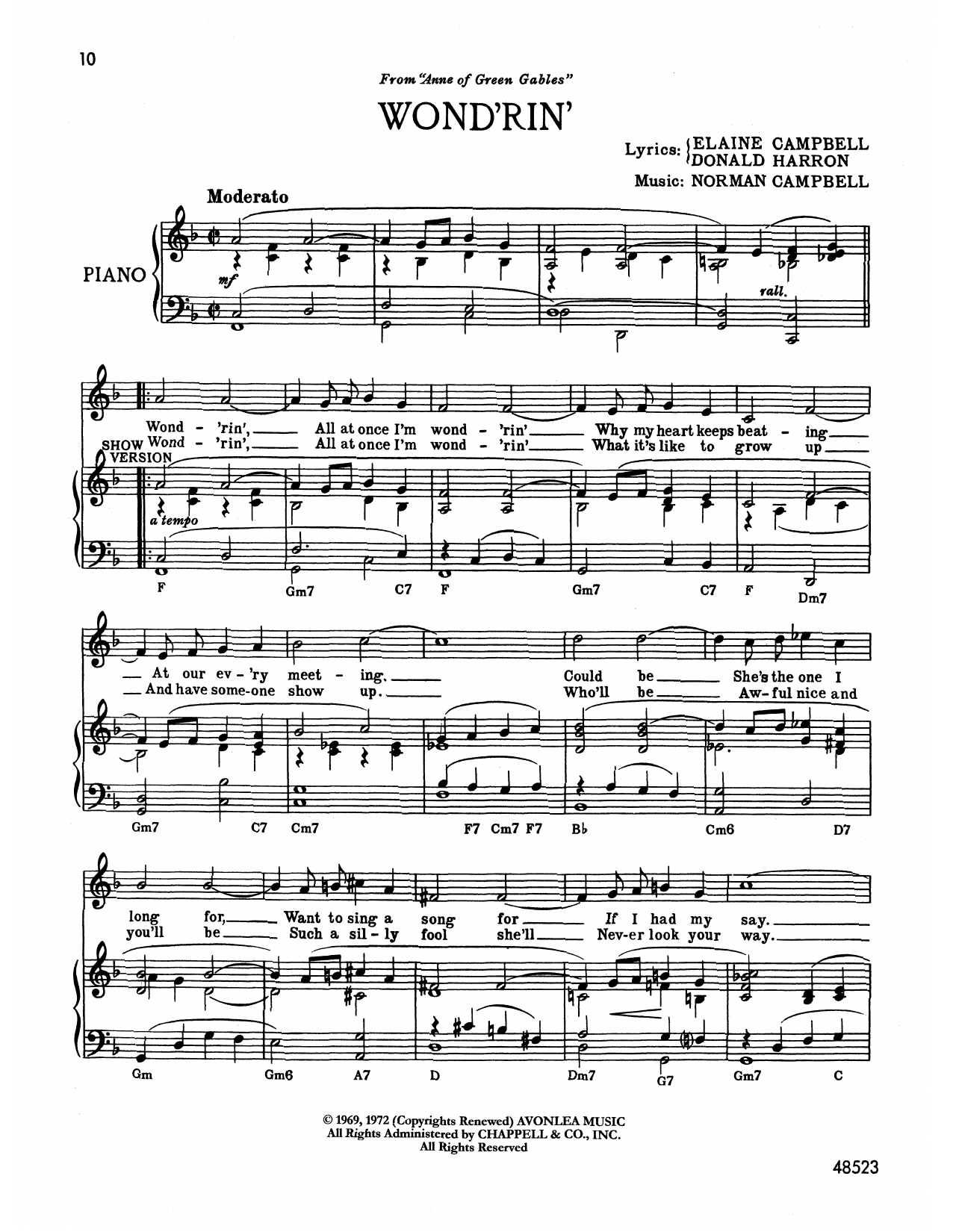 Norman Campbell Wond'rin' (from Anne Of Green Gables) Sheet Music