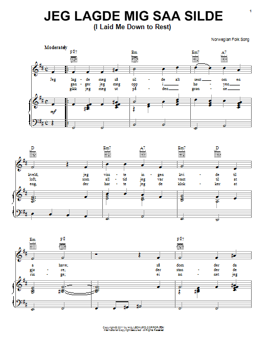 Norwegian Folksong Jeg Lagde Mig Saa Silde (I Laid Me Down To Rest) Sheet Music